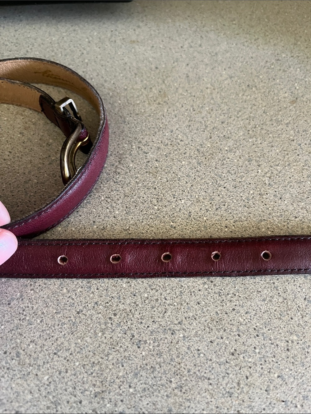 Etienne Aigner Slim Burgundy Leather Belt with Brass Accent - Picture 6 of 6